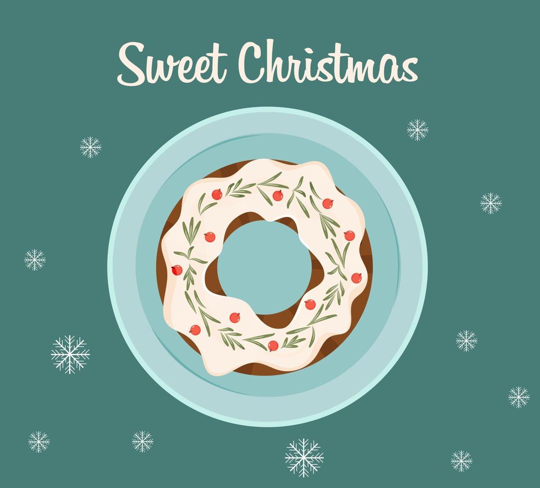 Kerstmis taart top visie. Kerstmis taart Aan de bord met opschrift zoet Kerstmis . taart met bessen en bladeren decoratie. vector illustratie.