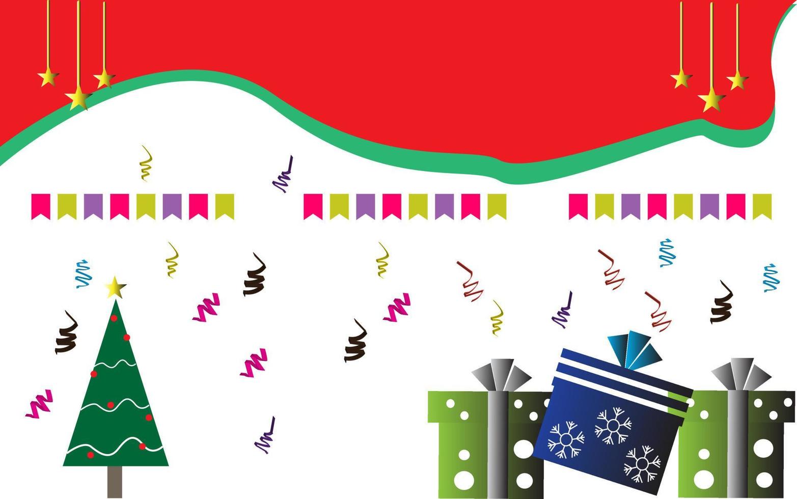 versierd Kerstmis boom met geschenk dozen, ster, lichten, decoratie ballen en lampen. vrolijk Kerstmis en een gelukkig nieuw jaar. vlak stijl vector illustratie.