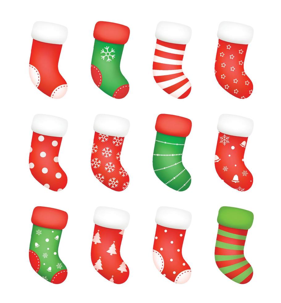Kerstmis sokken geïsoleerd Aan wit achtergrond. reeks van sokken voor Kerstmis cadeaus en gelukkig nieuw jaar. vector