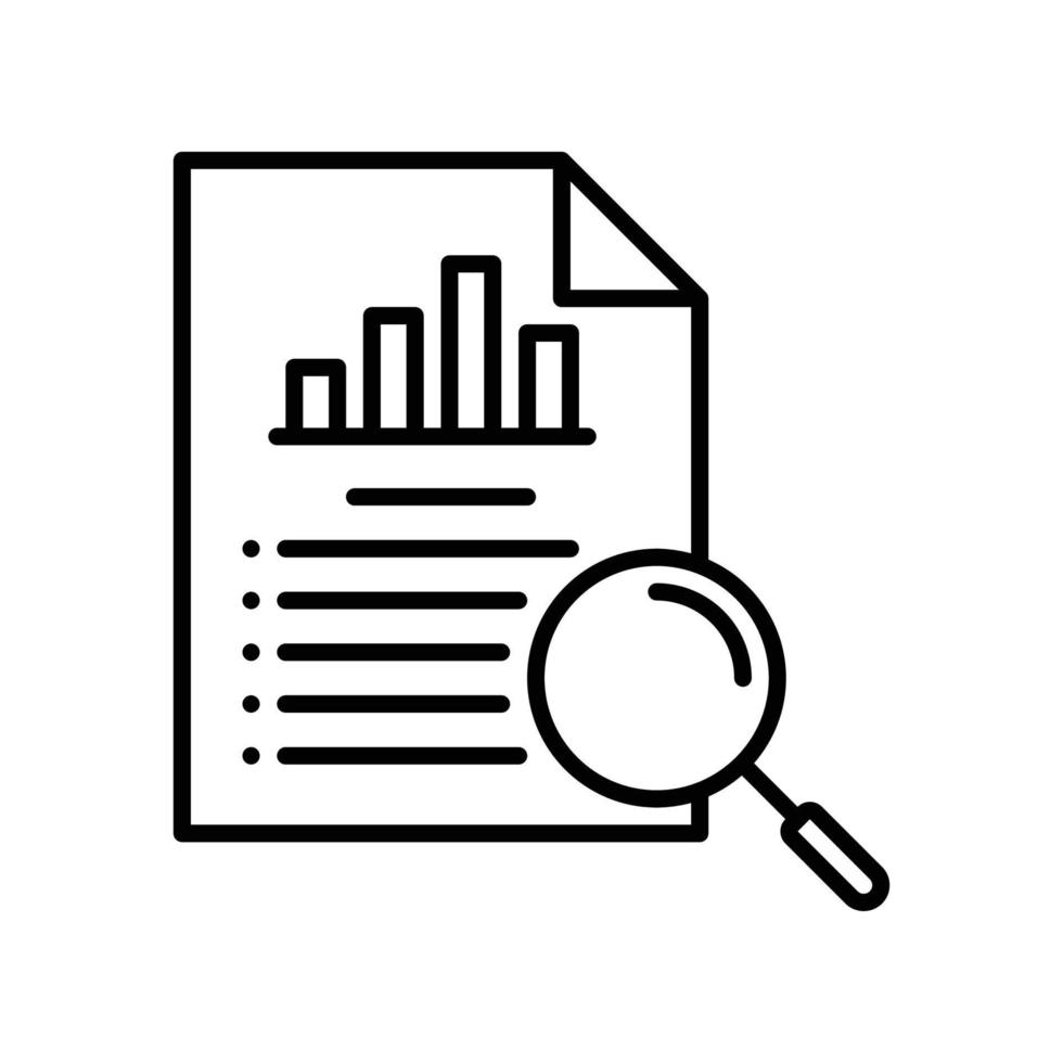 analytisch icoon met tabel document en vergroten glas in zwart schets stijl vector