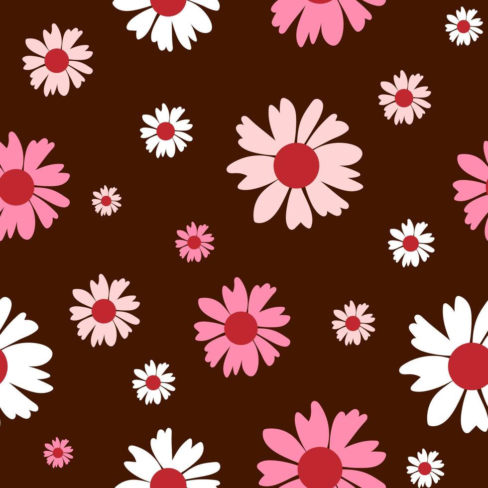 bloemen naadloos patroon. botanisch kleding stof afdrukken sjabloon. vector illustratie met roze kamille bloemen Aan bruin achtergrond. rustiek patroon.