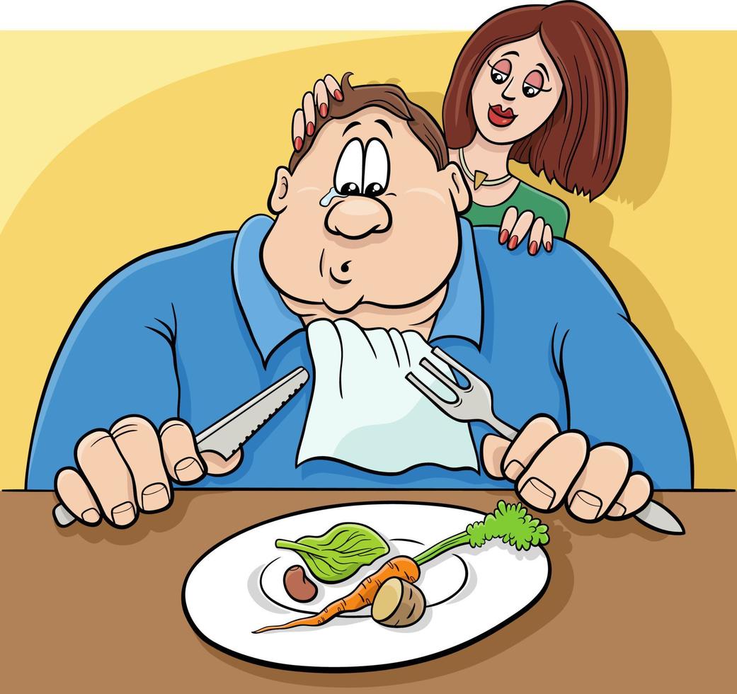 tekenfilm verdrietig Mens Aan een eetpatroon humoristisch illustratie vector