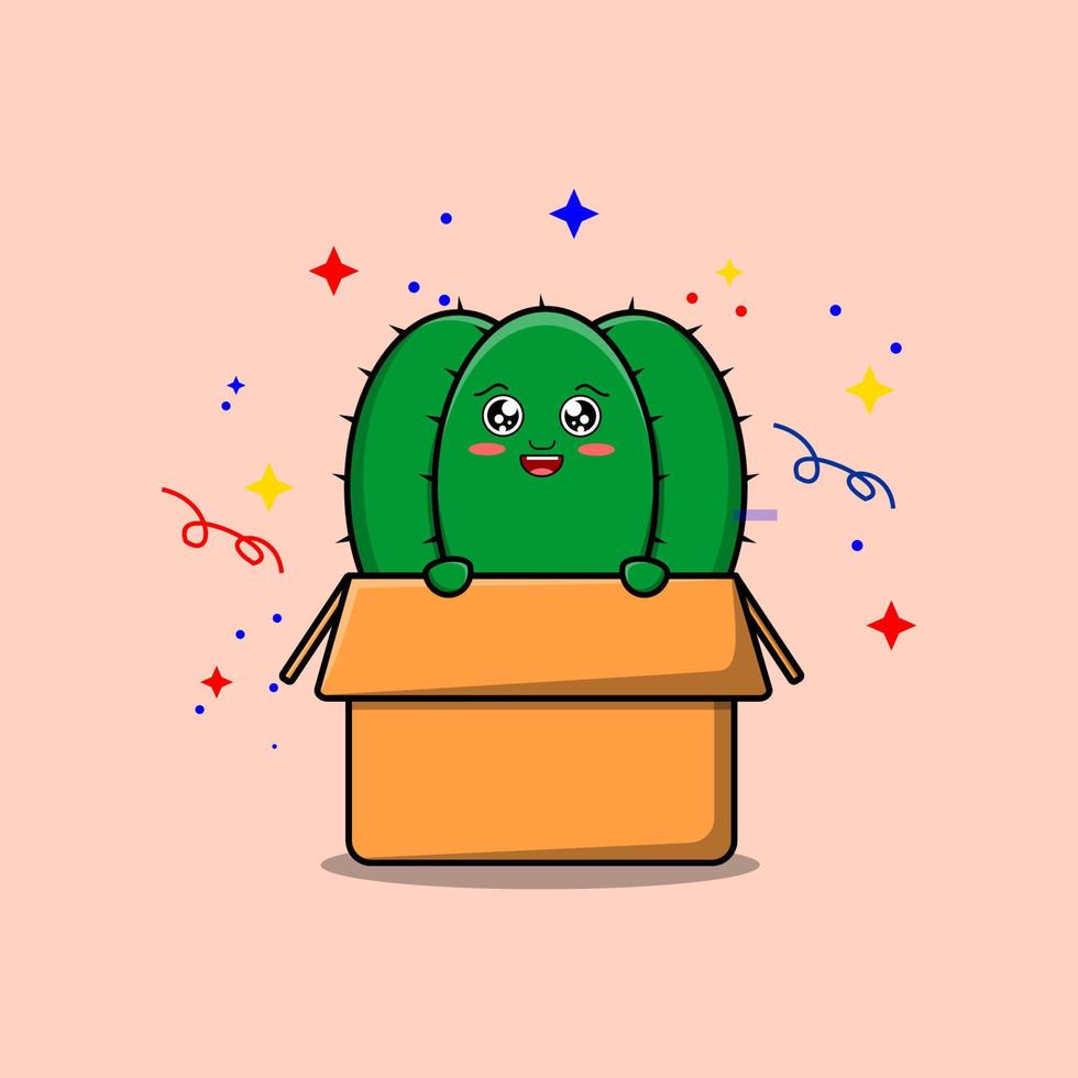 schattig tekenfilm cactus karakter komt eraan uit van doos vector