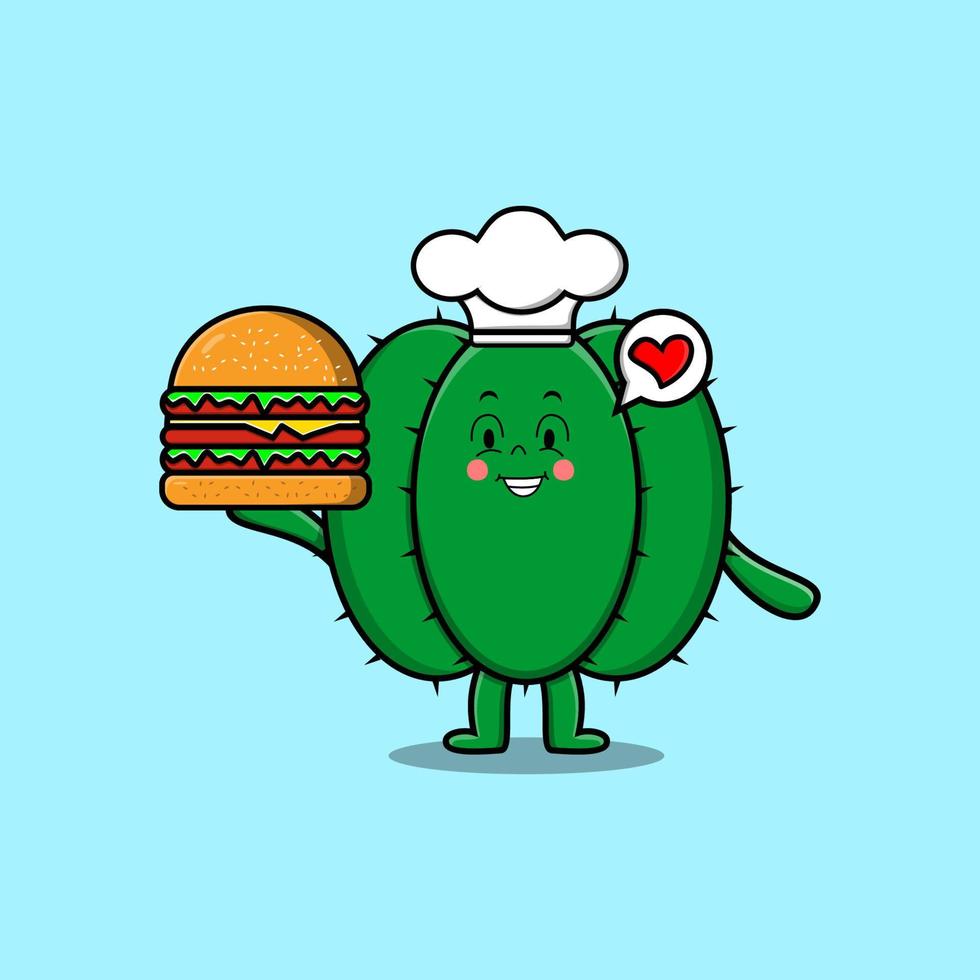 schattig tekenfilm cactus chef karakter Holding hamburger vector