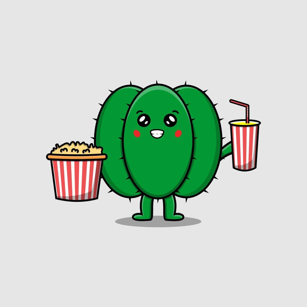 schattig tekenfilm cactus met popcorn en drinken vector