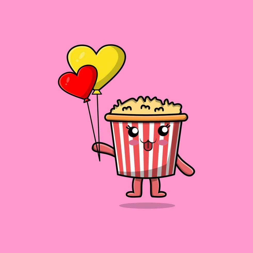 schattig tekenfilm popcorn drijvend met liefde ballon vector