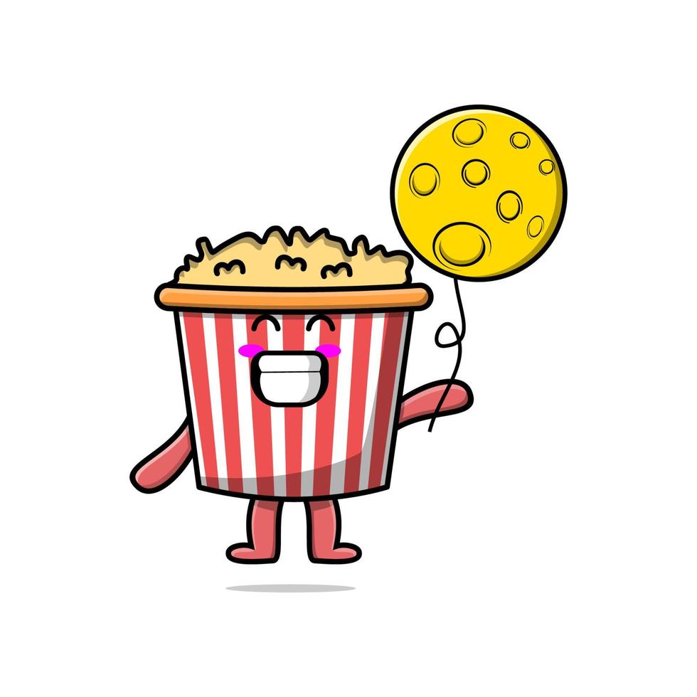 schattig tekenfilm popcorn drijvend met maan ballon vector