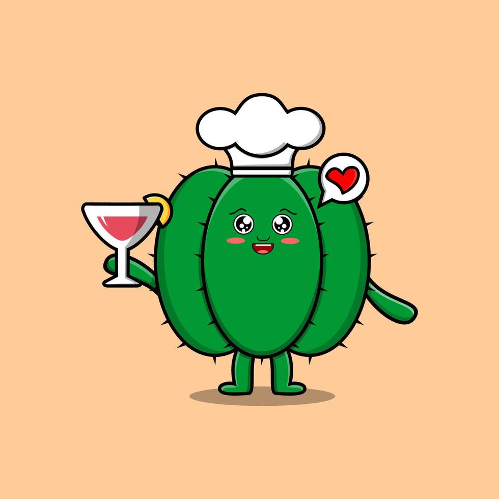 schattig tekenfilm cactus chef karakter houden wijn glas vector