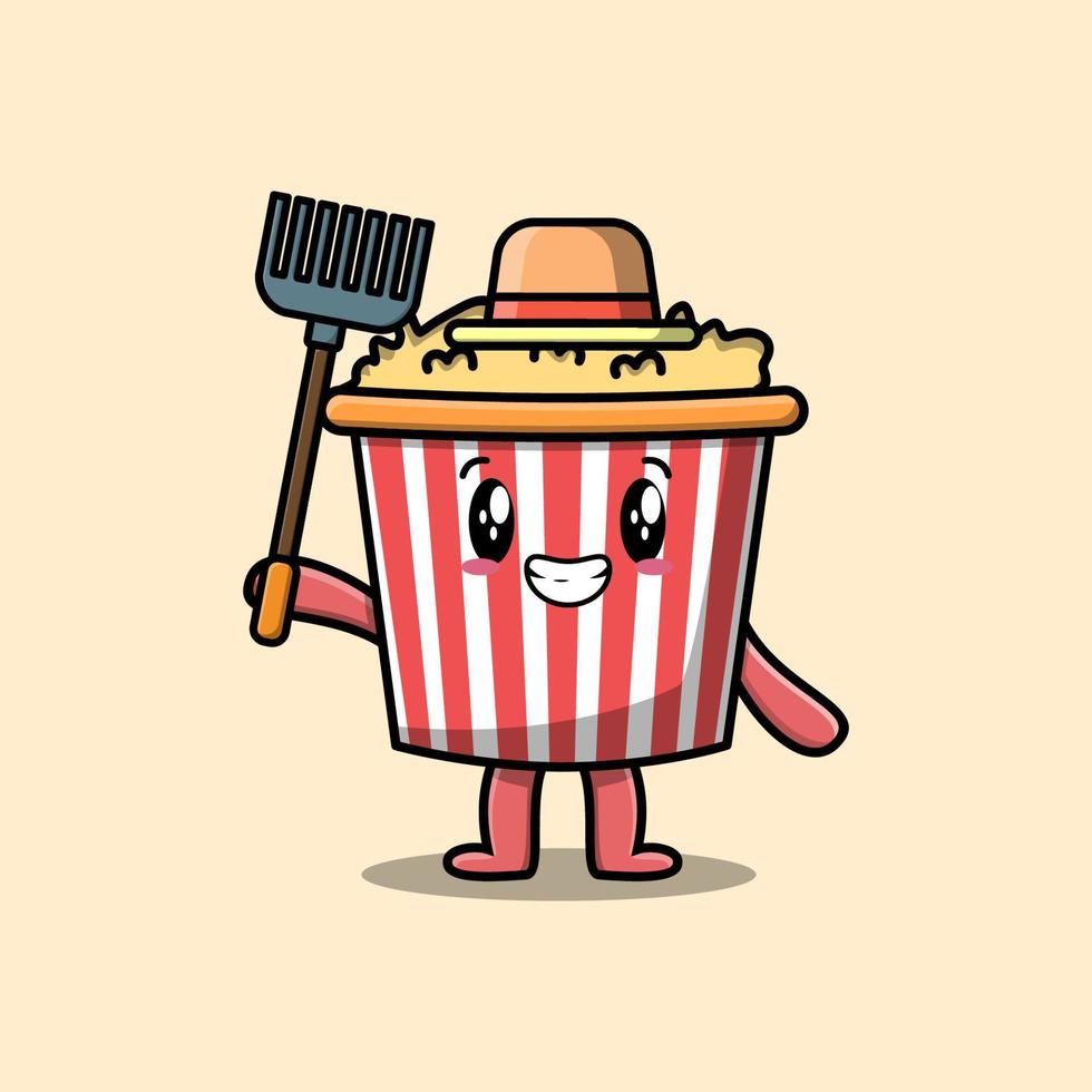 tekenfilm agrarisch arbeider popcorn met hooivork vector