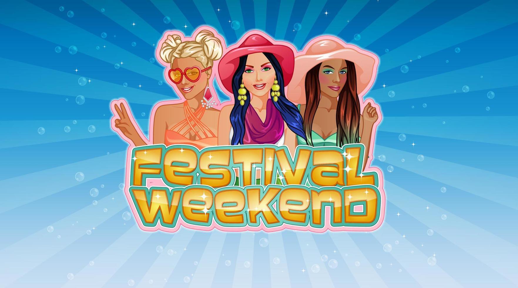 festival weekend thema titel scherm met vrouw tekens Aan een blauw achtergrond met bubbels en schitteren. vector illustratie