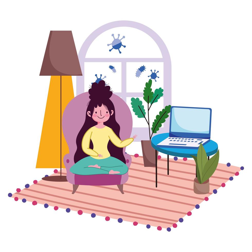 jonge vrouw op een stoel met laptop binnenshuis vector