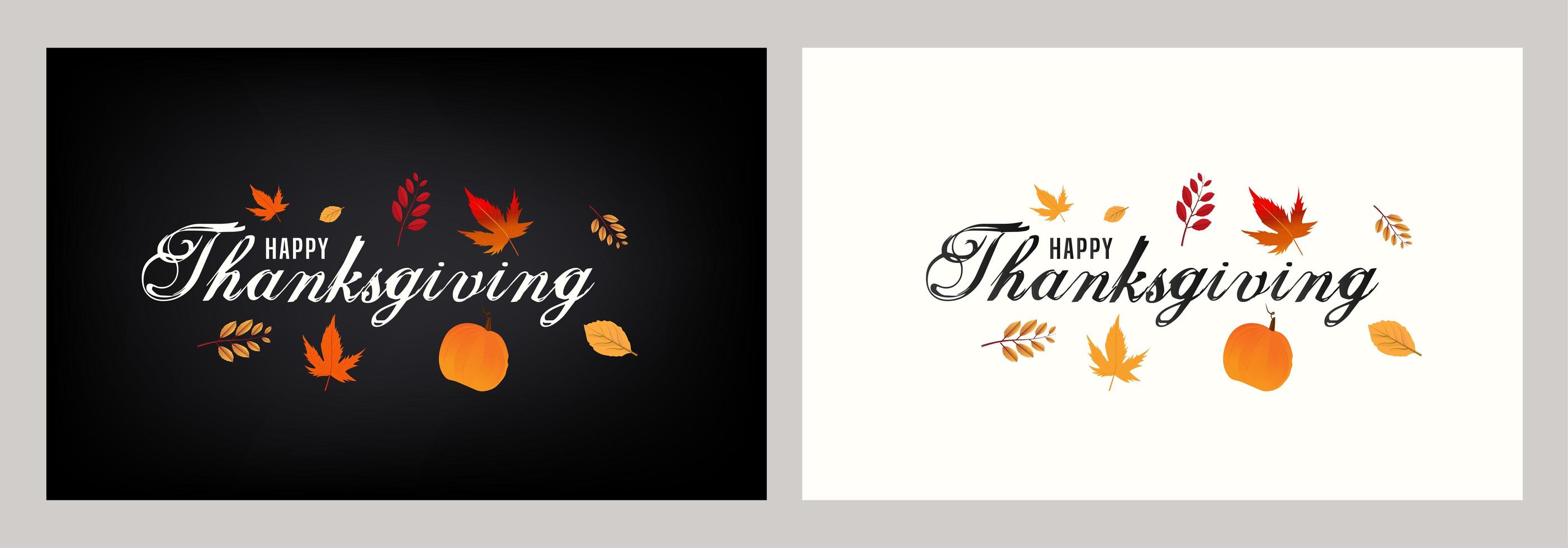 happy thanksgiving-kaarten met pompoen en herfstbladeren vector