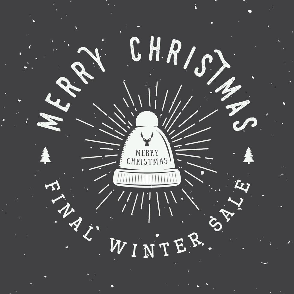 wijnoogst vrolijk Kerstmis of winter verkoop logo, embleem, insigne, etiket en watermerk in retro stijl met hoed, hert, bomen, sterren, decor en ontwerp elementen. vector illustratie