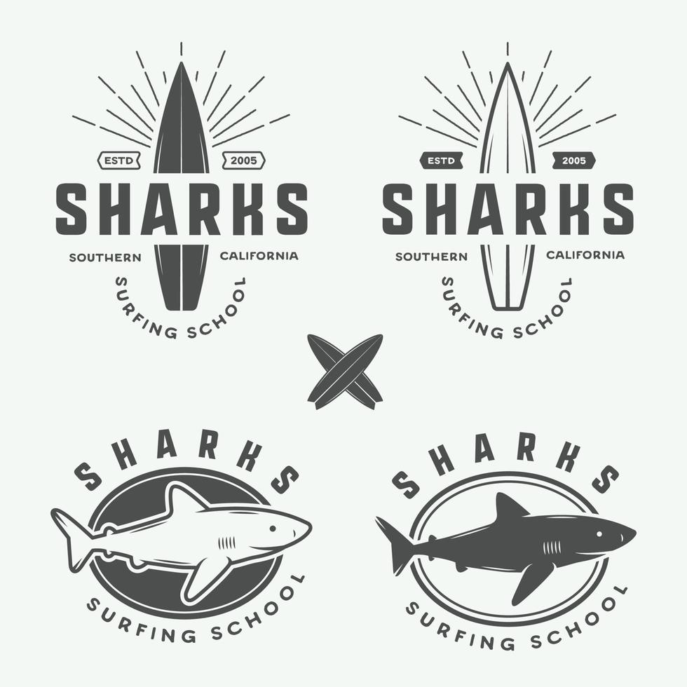 reeks van wijnoogst retro surfen, zomer en reizen logo's, emblemen, insignes, etiketten, merken, watermerken en ontwerp elementen. grafisch kunst. vector illustratie.