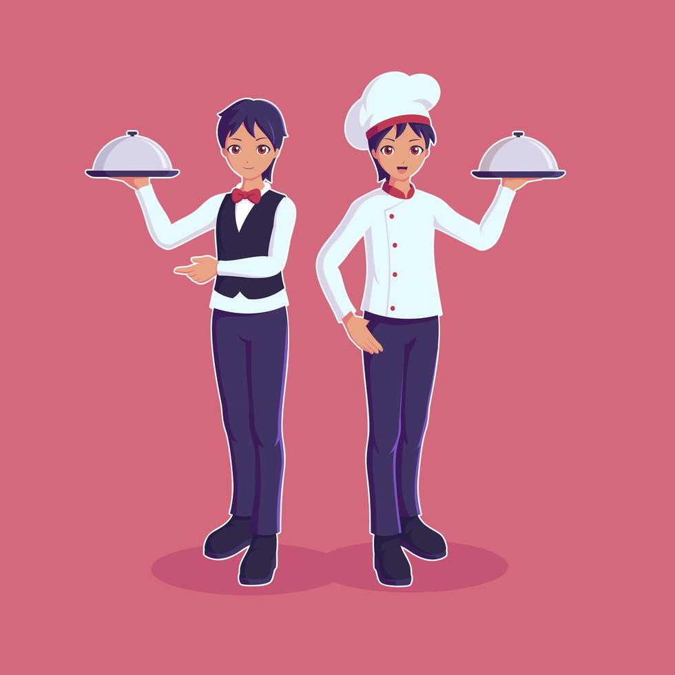 chef-kok en sous chef-kok met dienblad vector