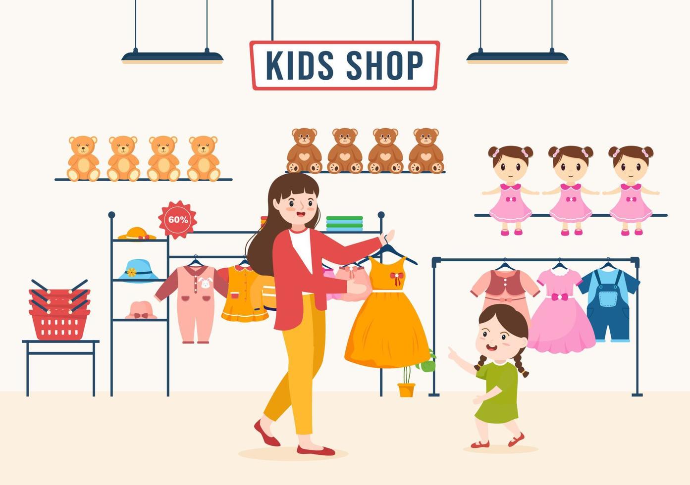 kinderen winkel gebouw sjabloon hand- getrokken tekenfilm vlak stijl illustratie met kinderen uitrusting zo net zo kleren of speelgoed voor boodschappen doen concept vector