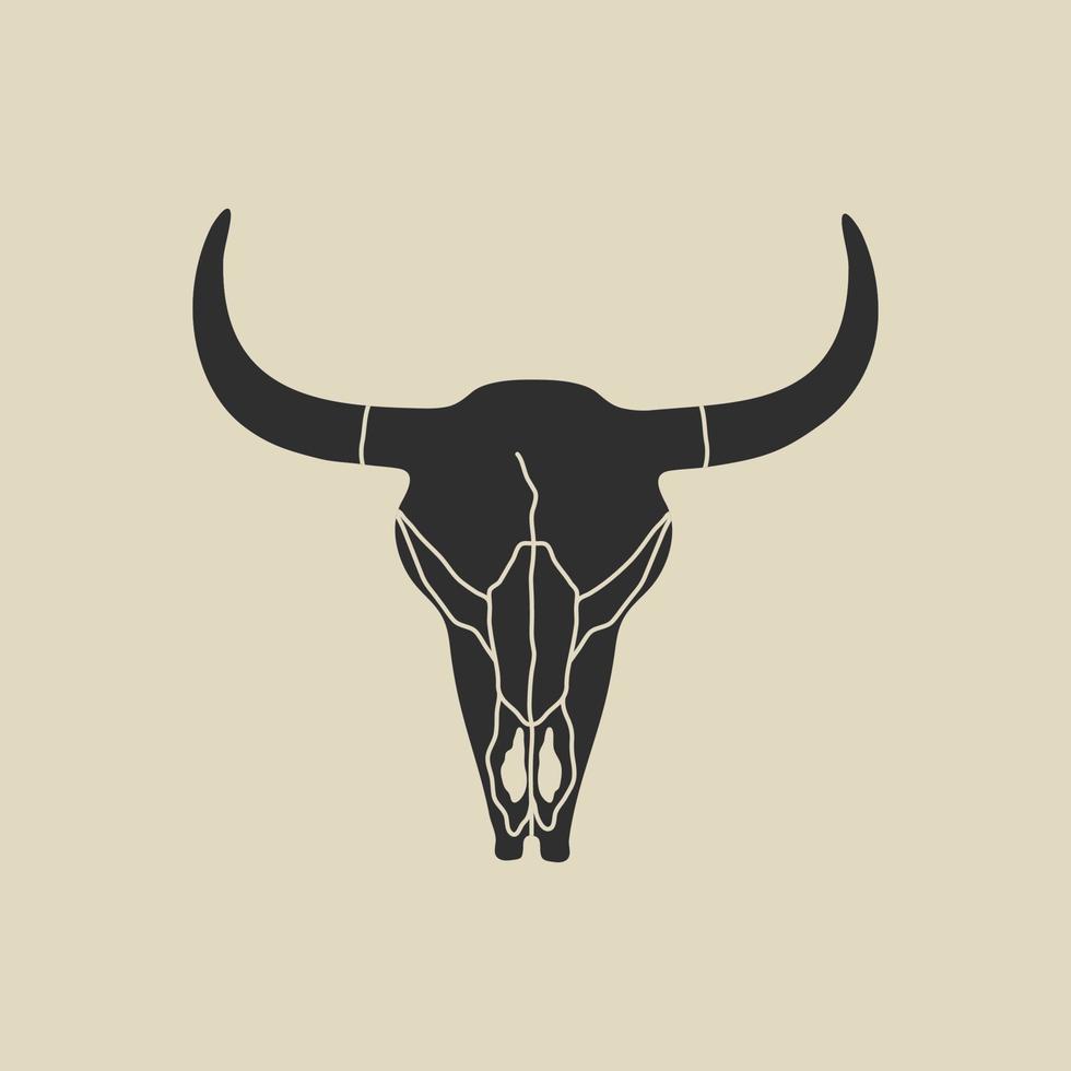 wild west element in modern vlak, lijn stijl. hand- getrokken vector illustratie van oud western koe, buffel of stier schedel met hoorns, dood dier hoofd tekenfilm ontwerp. cowboy lapje, insigne, embleem, logo