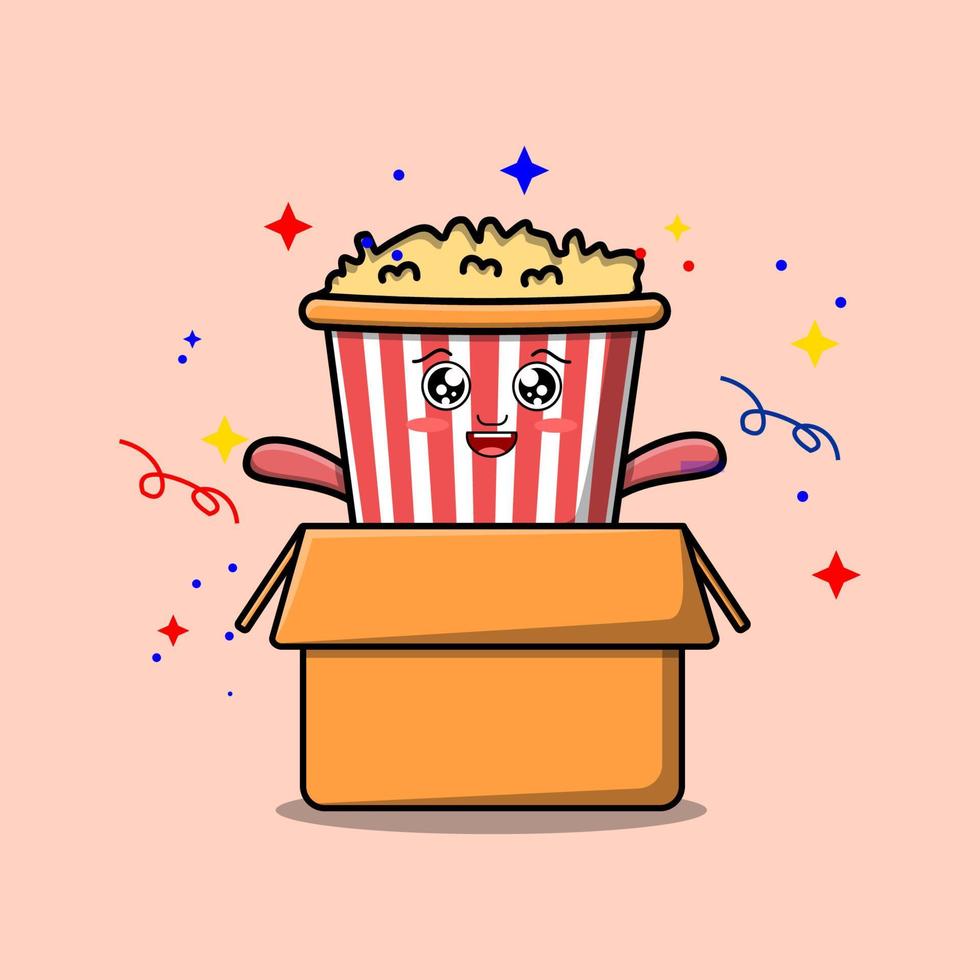 schattig tekenfilm popcorn karakter uit van doos vector