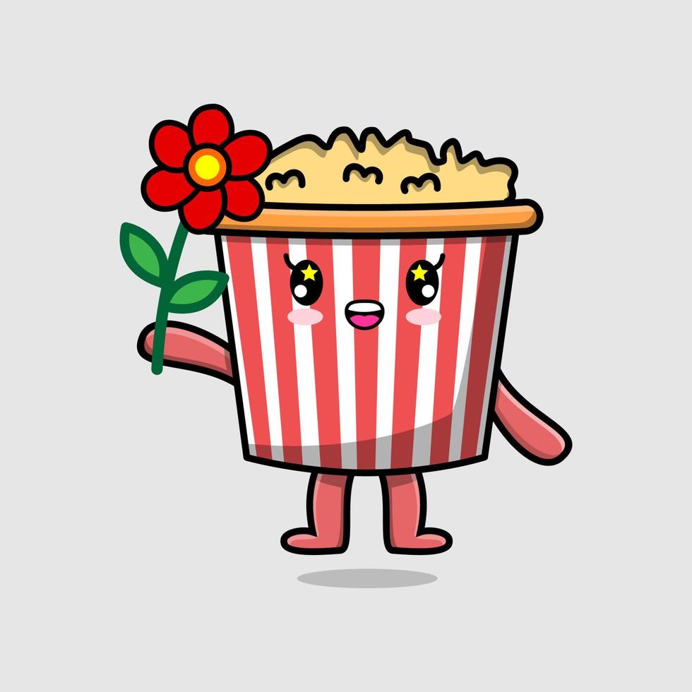 schattig tekenfilm popcorn karakter Holding rood bloem vector