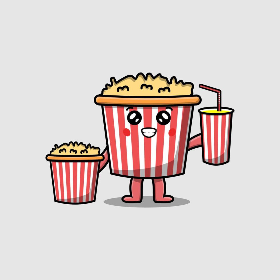 schattig tekenfilm popcorn met popcorn en drinken klaar vector