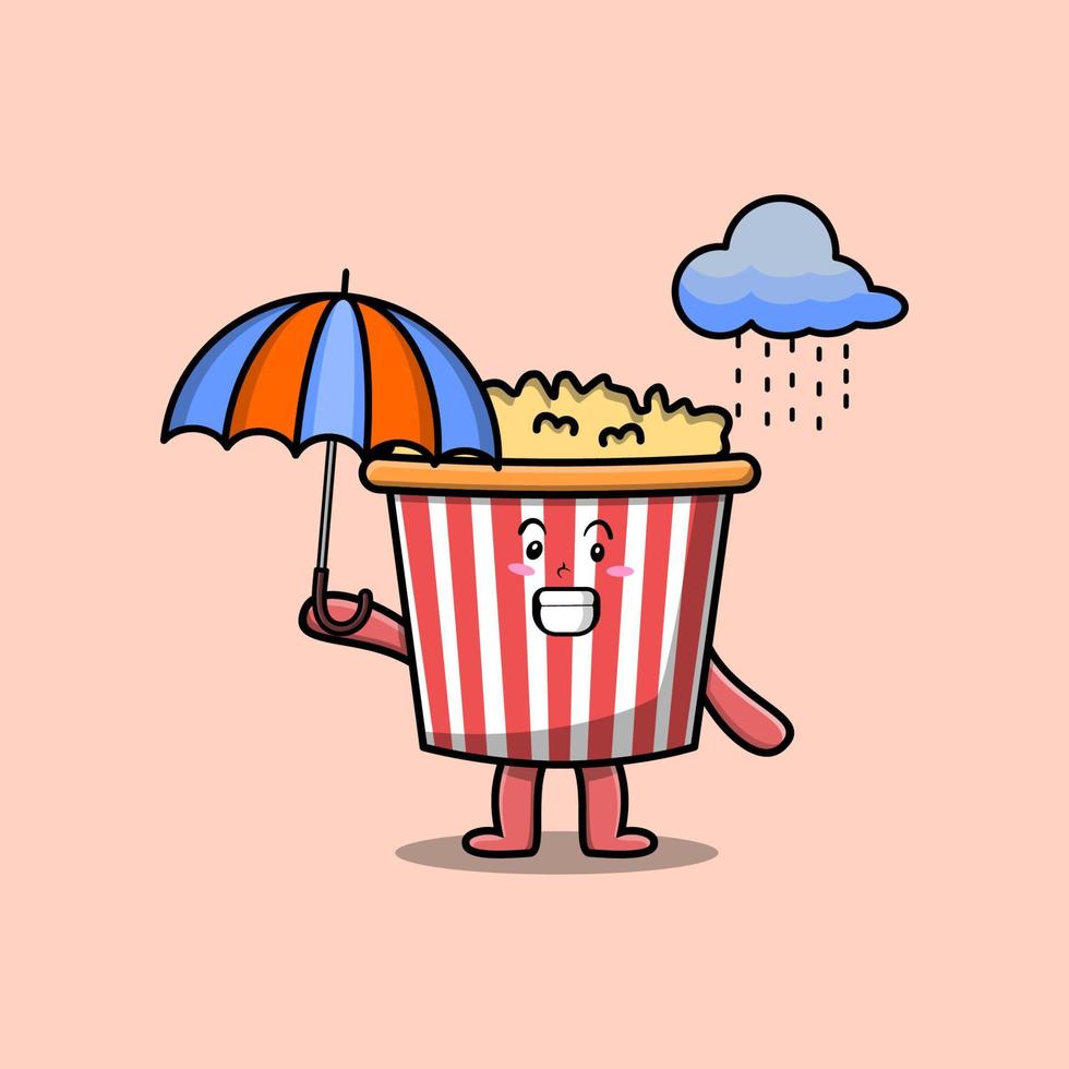 schattig tekenfilm popcorn in regen en gebruik makend van een paraplu vector