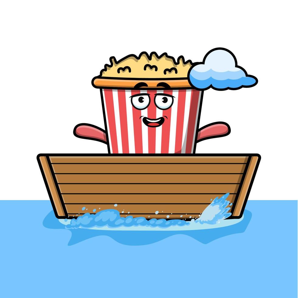 schattig tekenfilm popcorn krijgen Aan boot karakter vector