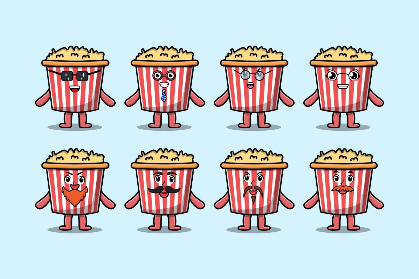 reeks kawaii popcorn tekenfilm karakter uitdrukking vector