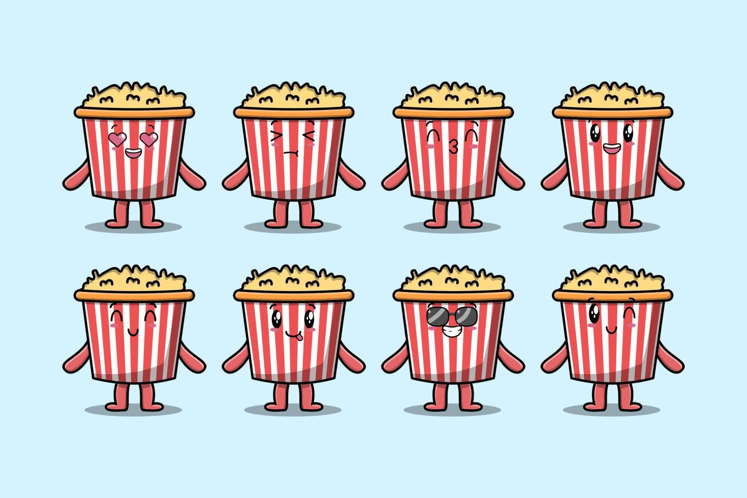 reeks kawaii popcorn tekenfilm karakter uitdrukking vector