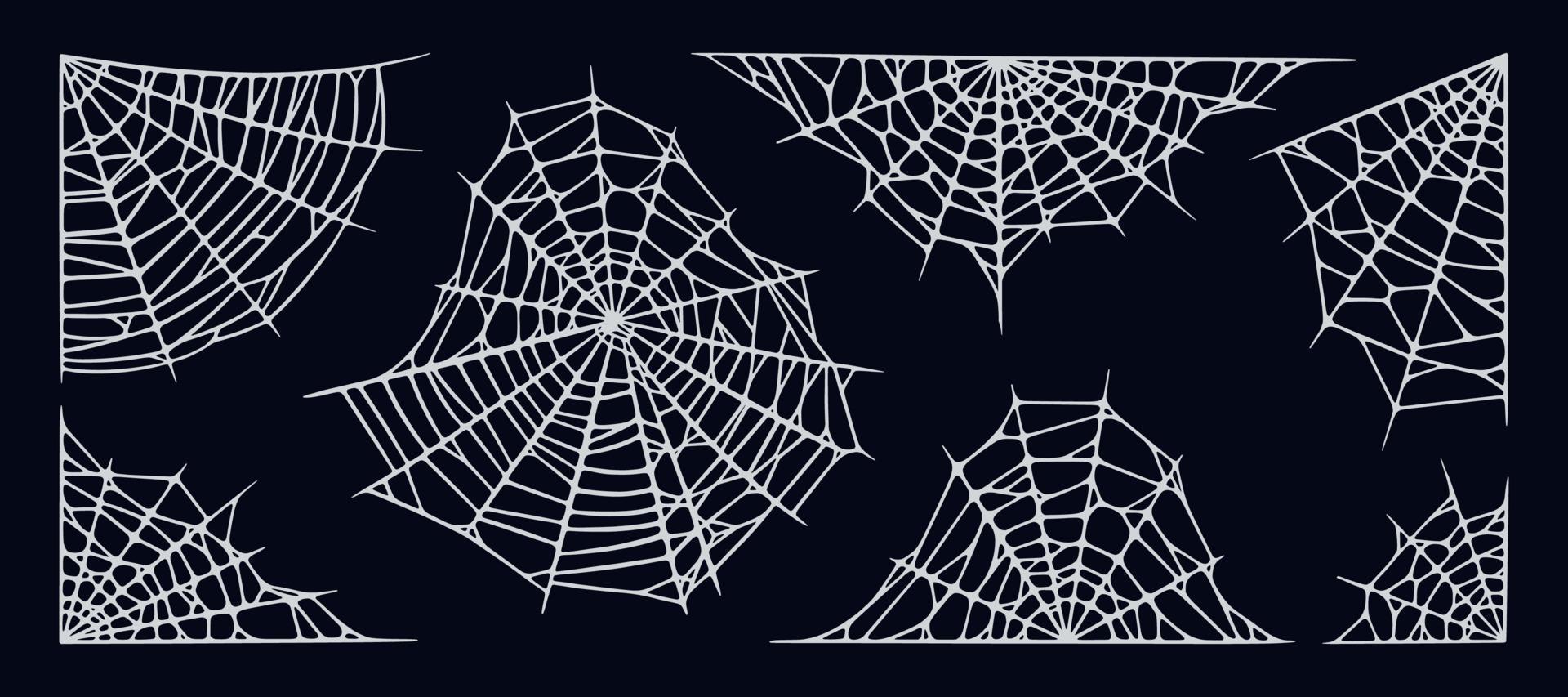 spinnenweb reeks geïsoleerd Aan zwart achtergrond. spookachtig halloween spinnenwebben voor kaders en spandoeken. vector illustratie