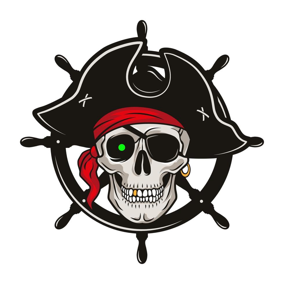piratenembleem met stuur en schedel in een hoed en ooglapje. vector hand getekende cartoon illustratie geïsoleerd op een witte achtergrond