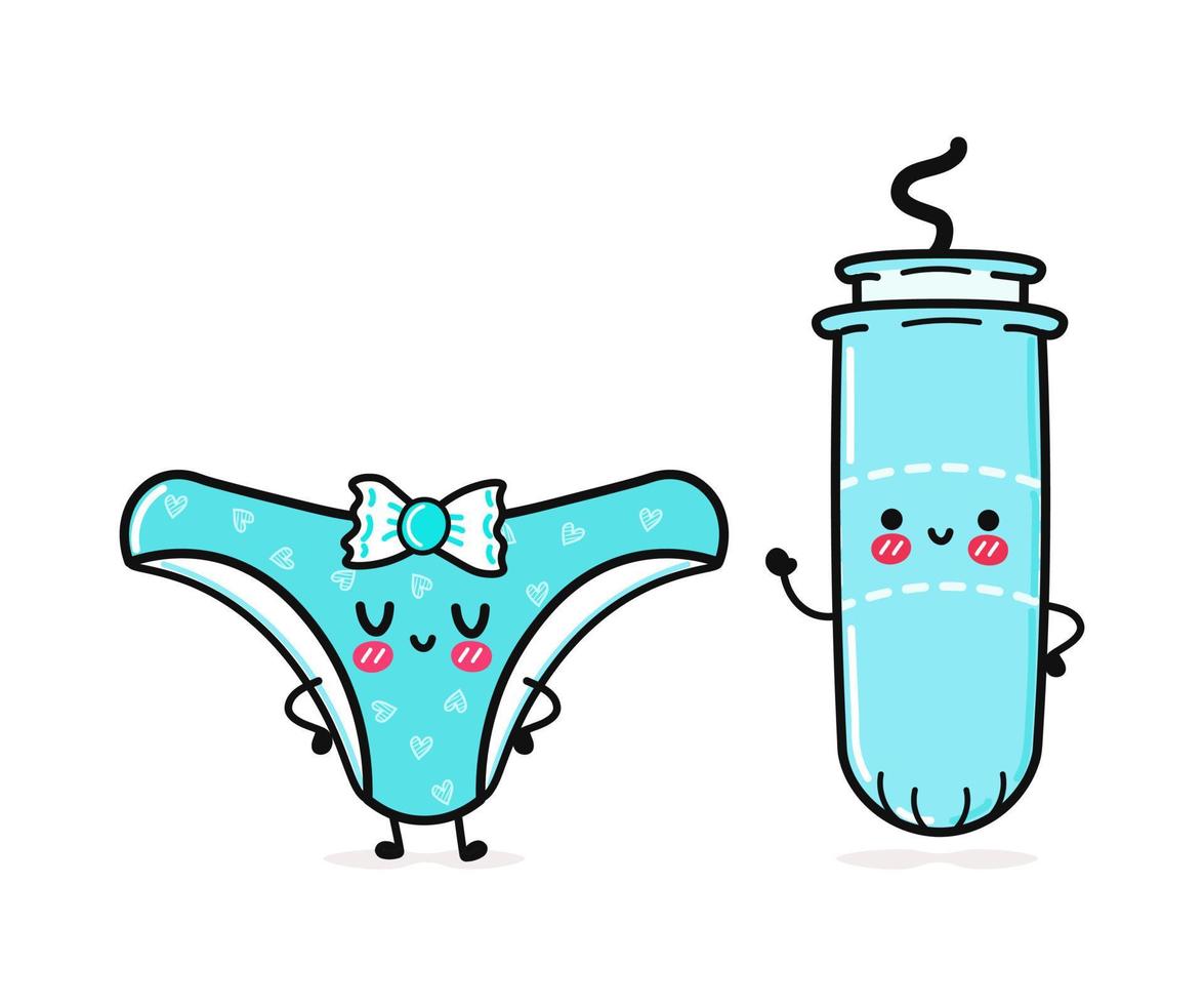 schattig, grappig gelukkig blauw slipje en tampon menstruatie. vector hand- getrokken tekenfilm kawaii karakters, illustratie icoon. grappig gelukkig tekenfilm blauw slipje en tampon menstruatie- mascotte vrienden