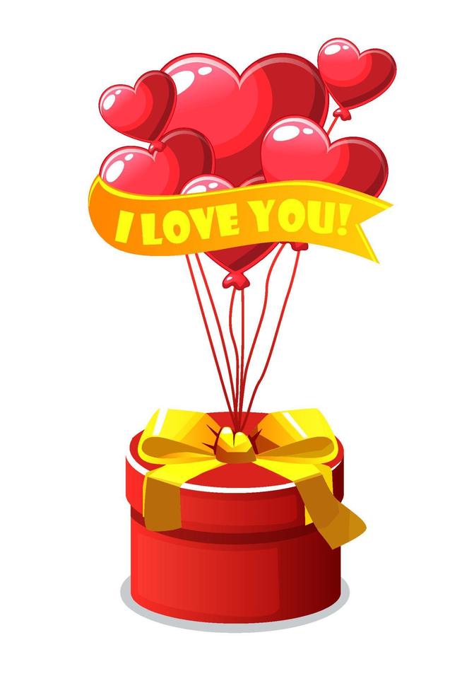 bundel rood hartvormig ballonnen met geschenk doos voor valentijnsdag dag. vector illustratie schattig ballonnen met verklaringen van liefde inscriptie.