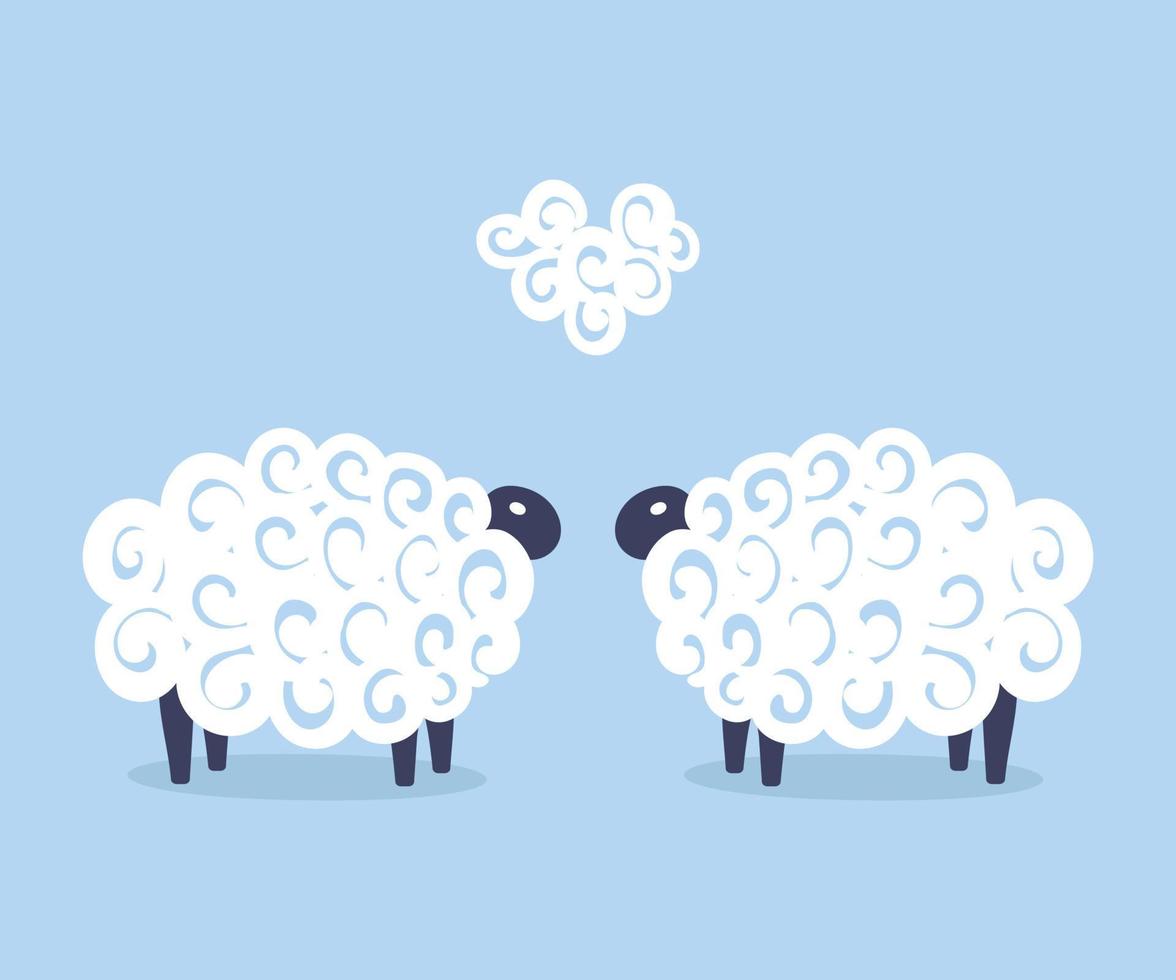 schattig twee schapen vector kinderen liefde paar illustratie Aan blauw achtergrond met een hart. baby douche achtergrond. kind tekening vlak stijl wit schapen.