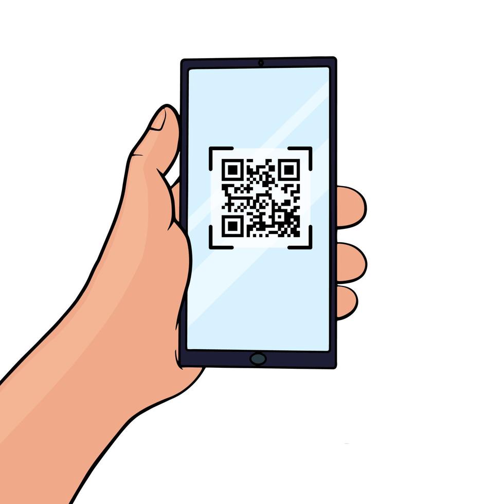 hand- Holding een mobiel telefoon met qr code Aan de scherm. qr code scannen in smartphone. streepjescode scanner voor betalen, web, app, promo. vector