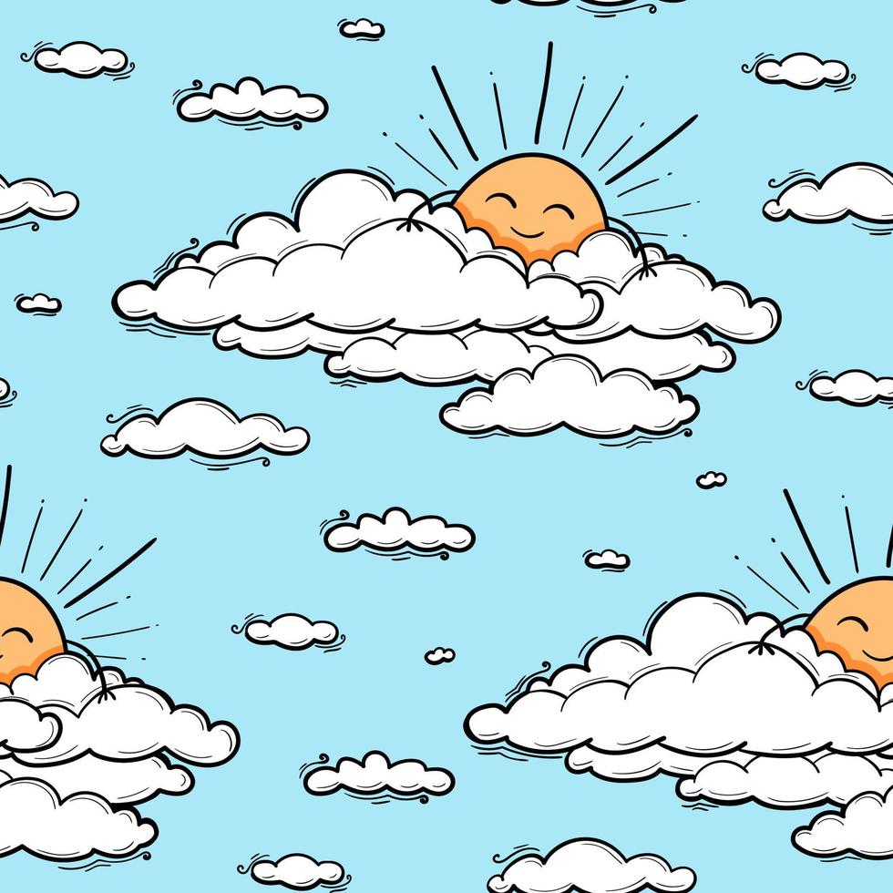 schattig wolk en zon naadloos patroon vector achtergrond. glimlachen zon kinderen illustratie geïsoleerd Aan blauw lucht. zomer achtergrond. grappig ontwerp voor kinderen en baby