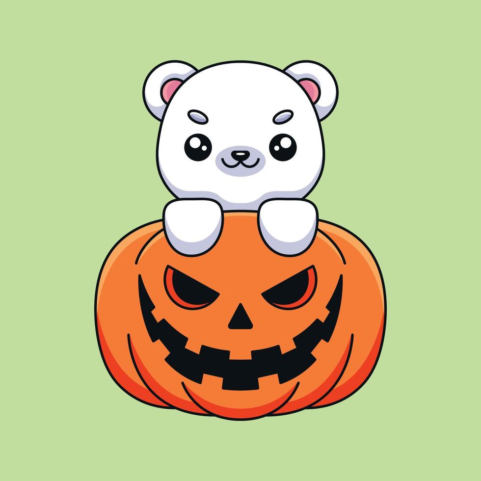 schattig pompoen polair beer halloween tekenfilm mascotte tekening kunst hand- getrokken concept vector kawaii icoon illustratie