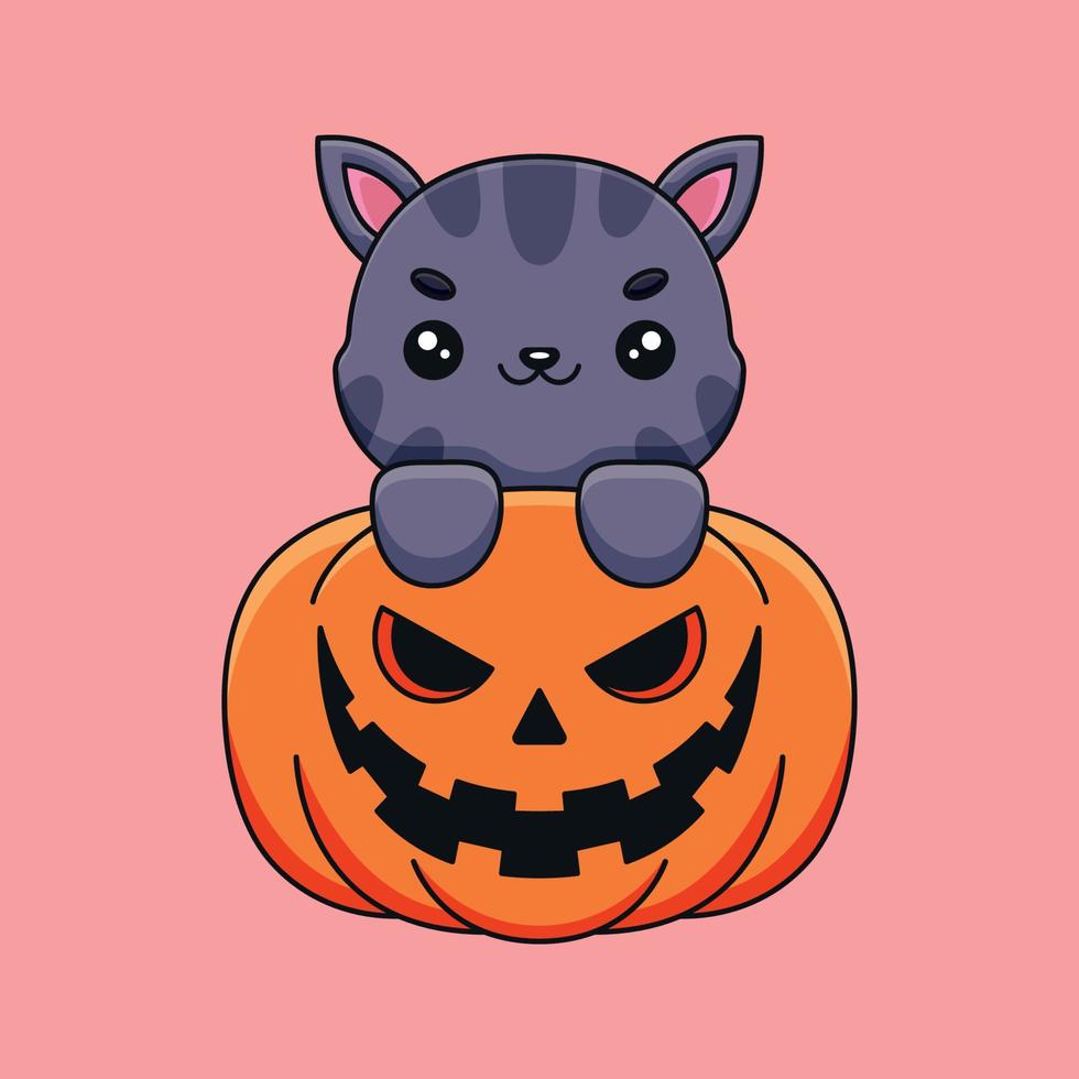 schattig pompoen kat halloween tekenfilm mascotte tekening kunst hand- getrokken concept vector kawaii icoon illustratie