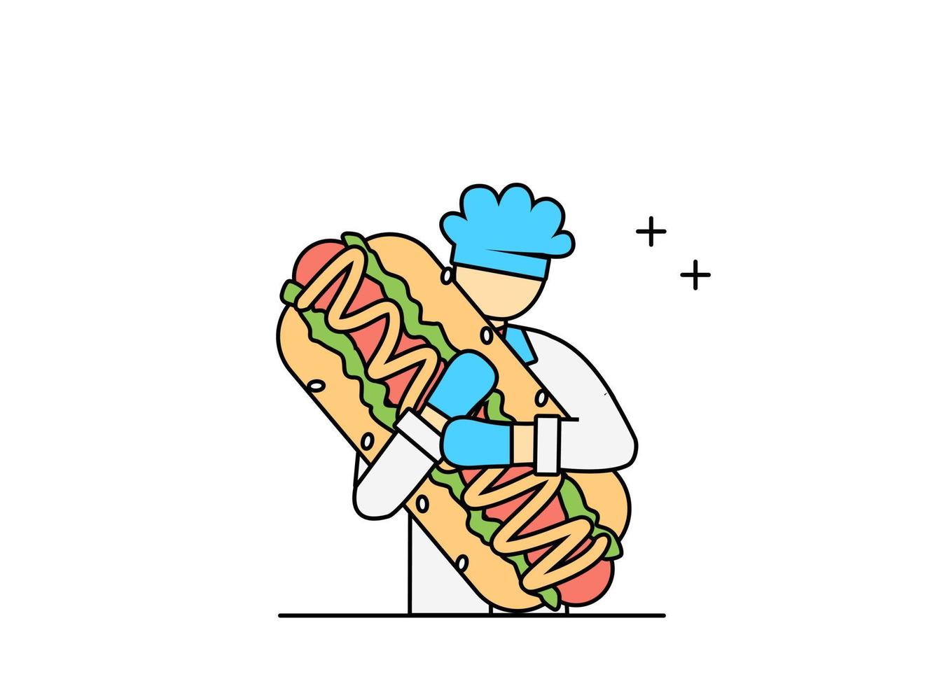 illustratie van vlak ontwerp schets chef werken met pizza en hamburgers vector