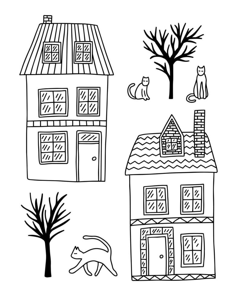 vector tekening land huis en katten set. hand- getrokken huizen en katten halloween reeks