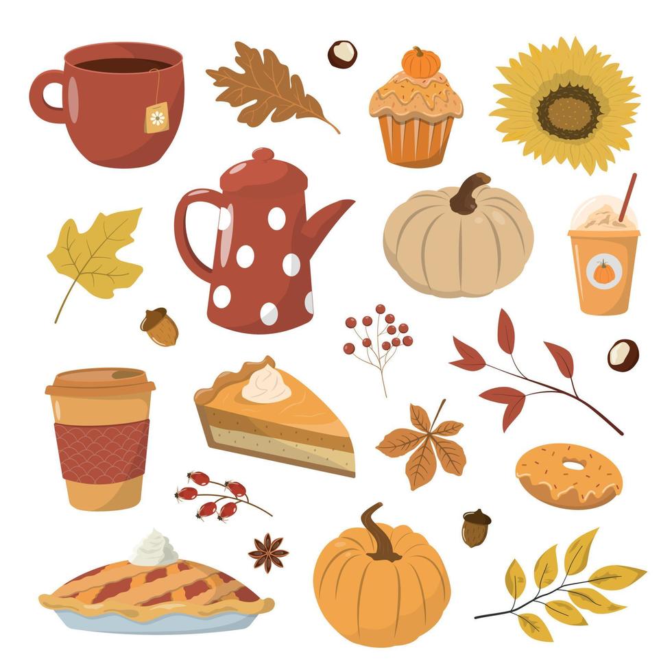 herfst seizoensgebonden pompoen kruiden, voedsel en heet drankjes verzameling. reeks van herfst heerlijk zoet desserts of gebakjes, pompoenen, bladeren. geïsoleerd Aan wit achtergrond. modern kleurrijk illustratie. vector