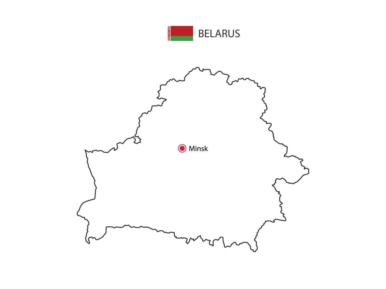 hand- trek dun zwart lijn vector van Wit-Rusland kaart met hoofdstad stad Minsk Aan wit achtergrond.