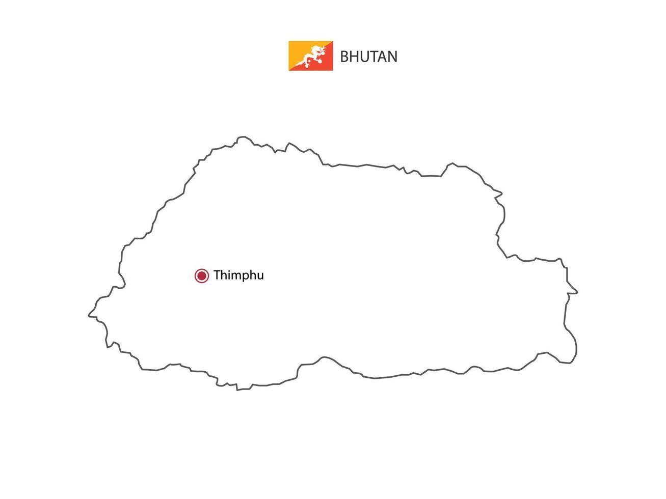 hand- trek dun zwart lijn vector van Bhutan kaart met hoofdstad stad thimphu Aan wit achtergrond.