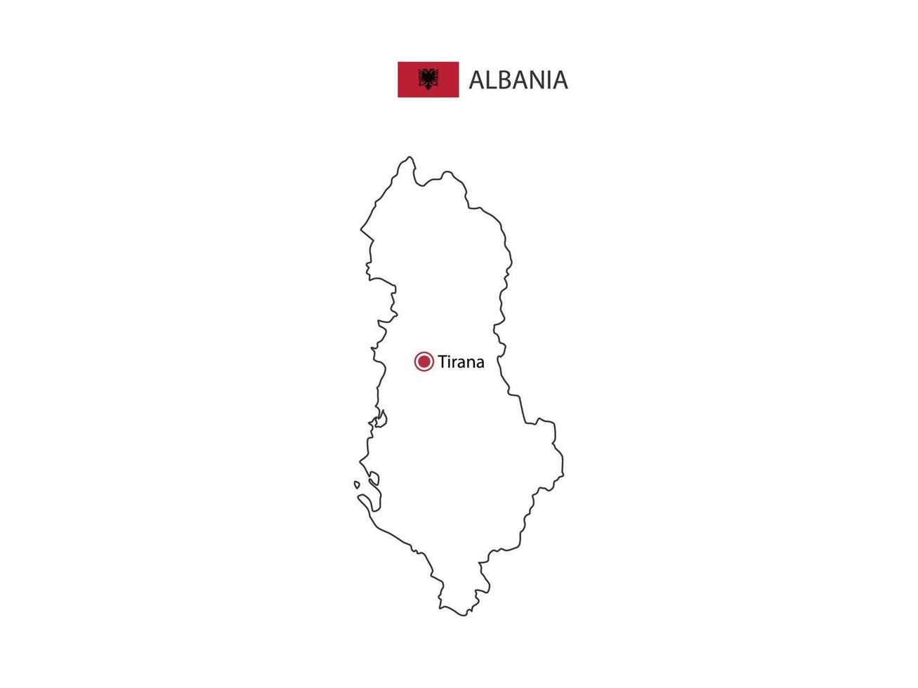 hand- trek dun zwart lijn vector van Albanië kaart met hoofdstad stad Tirana Aan wit achtergrond.