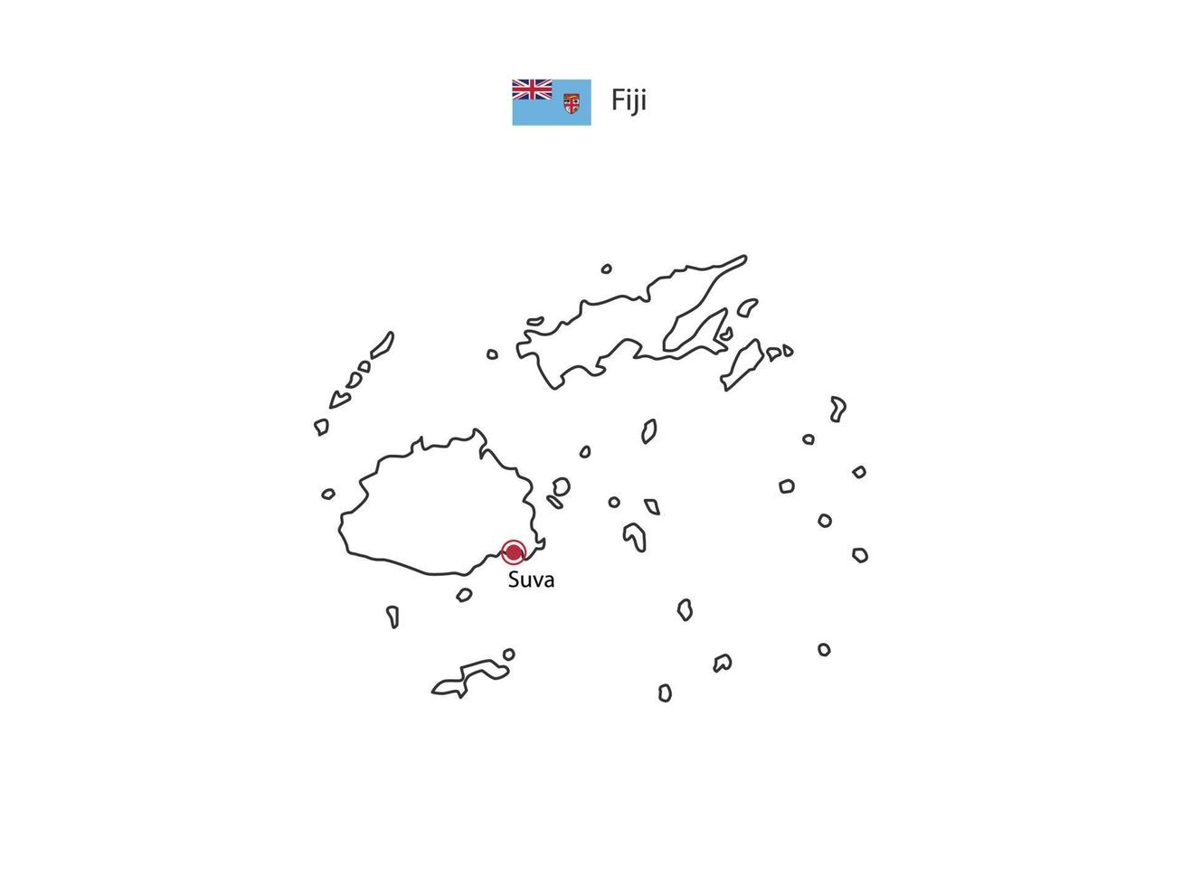 hand- trek dun zwart lijn vector van fiji kaart met hoofdstad stad suva Aan wit achtergrond.