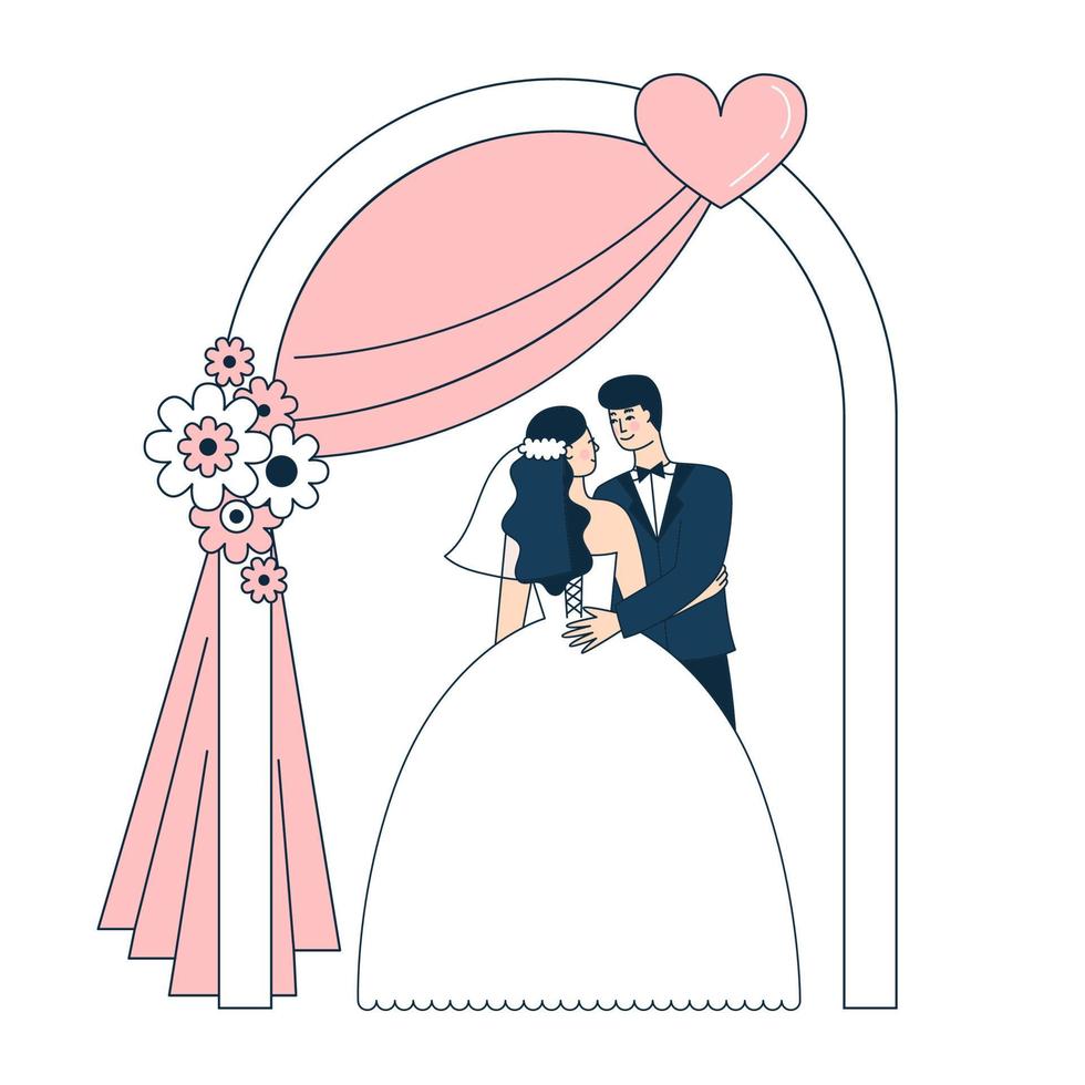 mooi bruiloft paar onder de boog. bruid en bruidegom. decor voor de viering. tekening vector illustratie