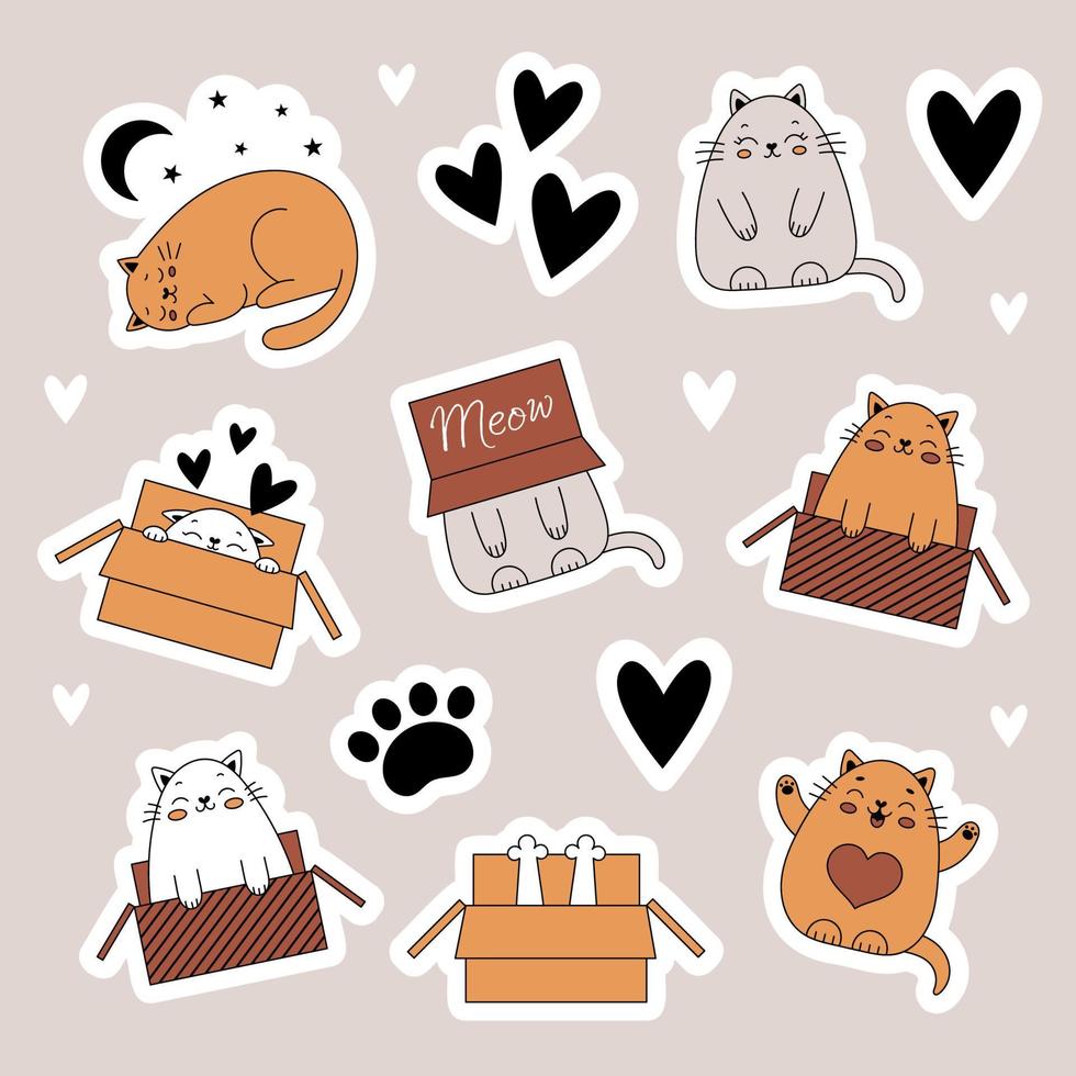 een reeks van stickers met schattig katten. huisdieren, dieren. kat in een doos. tekening stijl illustratie vector