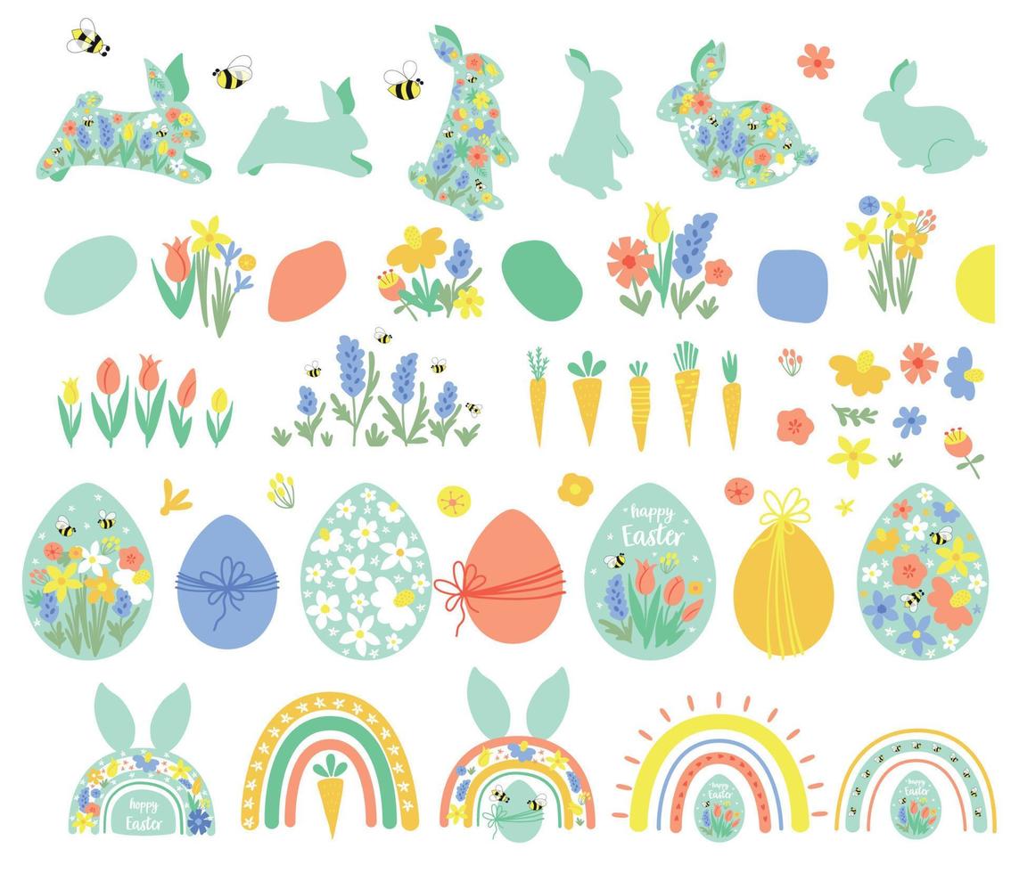 Pasen elementen set. gelukkig Pasen ontwerp elementen geïsoleerd Aan wit. schattig konijn konijn, wortel, bloemen eieren. schattig vector verzameling. voorjaar Pasen jacht illustratie. gelukkig Pasen symbolen, logo, pictogrammen.