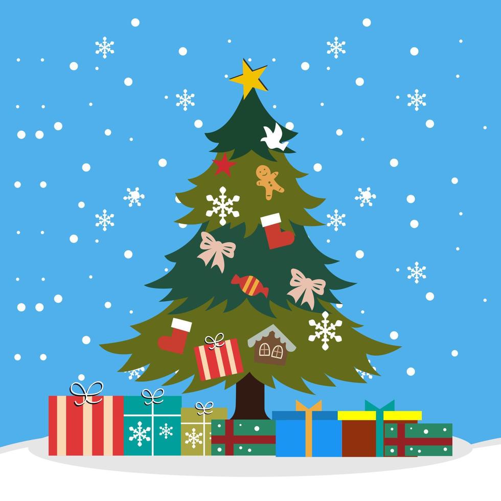 Kerstmis boom versierd met sterren, geschenk dozen, geïsoleerd tegen sneeuwval achtergrond. nieuw jaar en vrolijk Kerstmis groet kaarten, affiches, pictogrammen. vector illustratie in tekenfilm stijl
