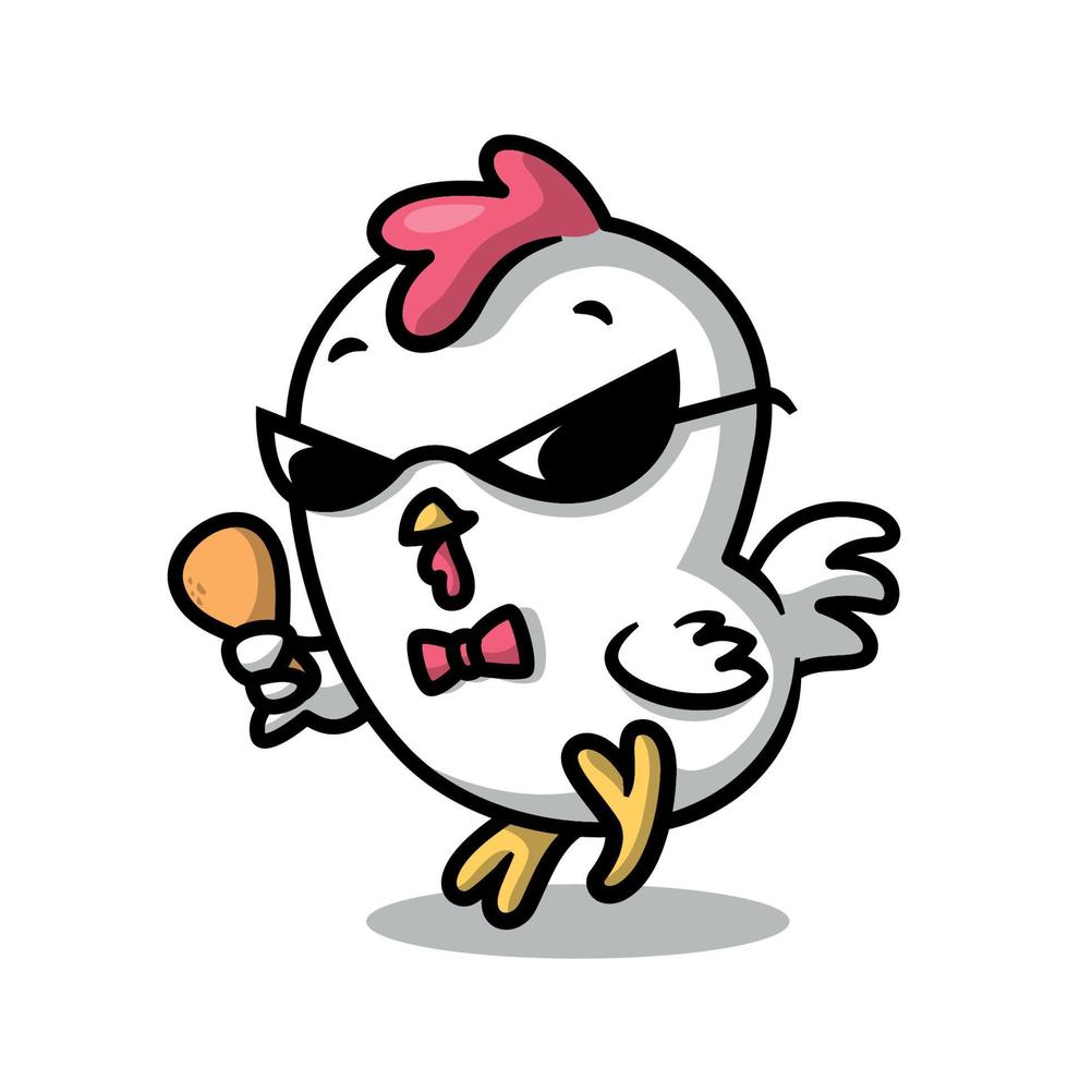 een schattig kip is vervelend een zwart bril en Holding een gebakken kip. vector