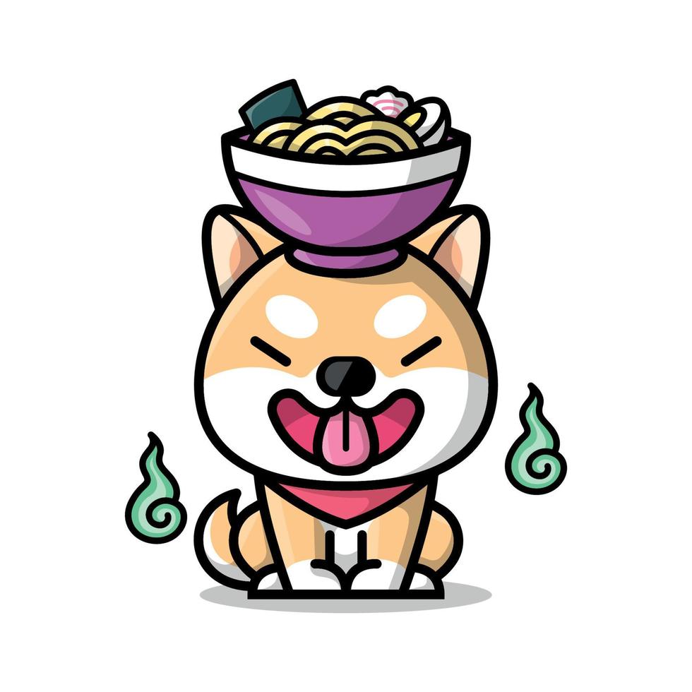 schattig shiba hond met een kom van ramen Aan zijn hoofd tekenfilm illustratie vector